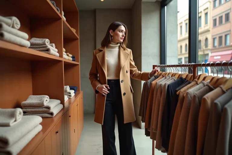 Femme en manteau camel tendance faisant du shopping dans une boutique de mode minimaliste avec des étagères en bois et des murs en béton