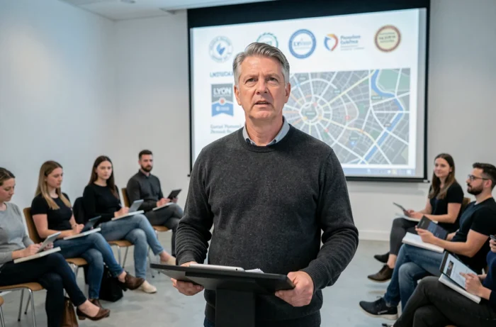 Formateur professionnel présentant un programme de certification devant des adultes en formation continue à Lyon