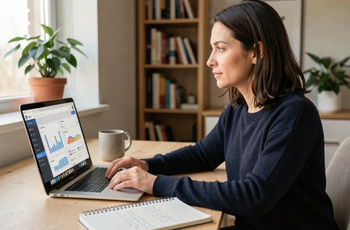 Femme suivant une formation digitale sur son ordinateur portable dans un bureau à domicile moderne