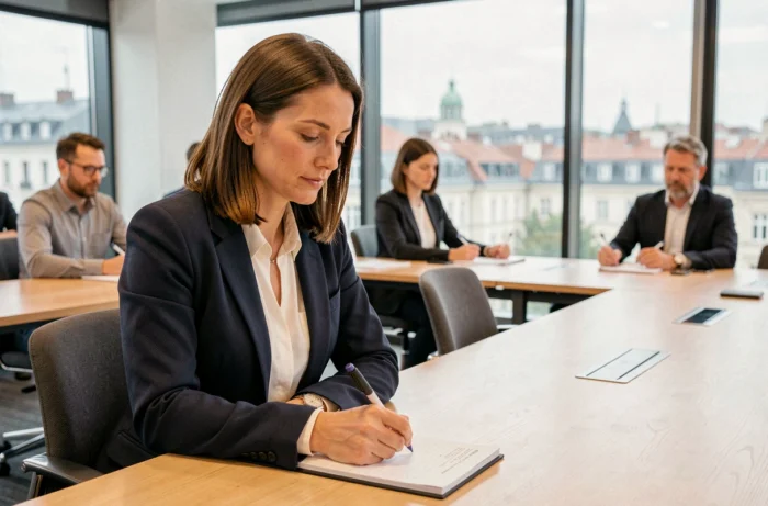 Femme professionnelle prenant des notes lors d'une formation professionnelle à Lyon dans une salle moderne avec vue sur la ville