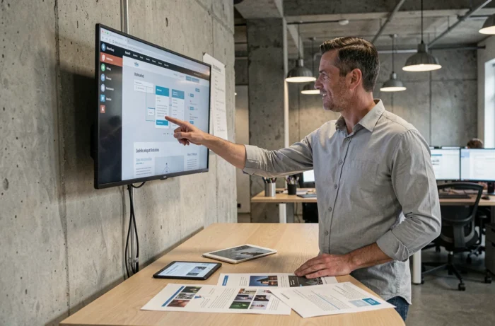 Homme présentant un cours de formation web sur un écran dans un espace de coworking moderne