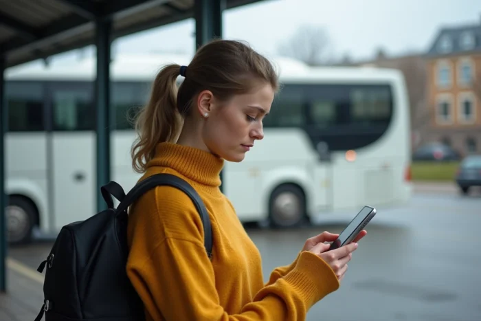 Jeune femme contactant le support Blablacar Bus par formulaire en ligne devant un car de voyage