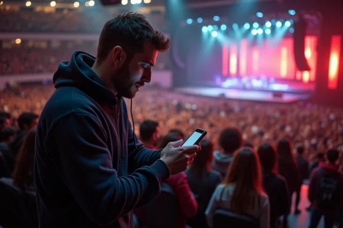 Spectateur en fosse proche de la scène de l'Accor Arena vérifiant sa place sur son téléphone