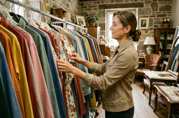 Femme qui fait du shopping dans une friperie vintage à Bayonne avec des vêtements rétro colorés sur des portants