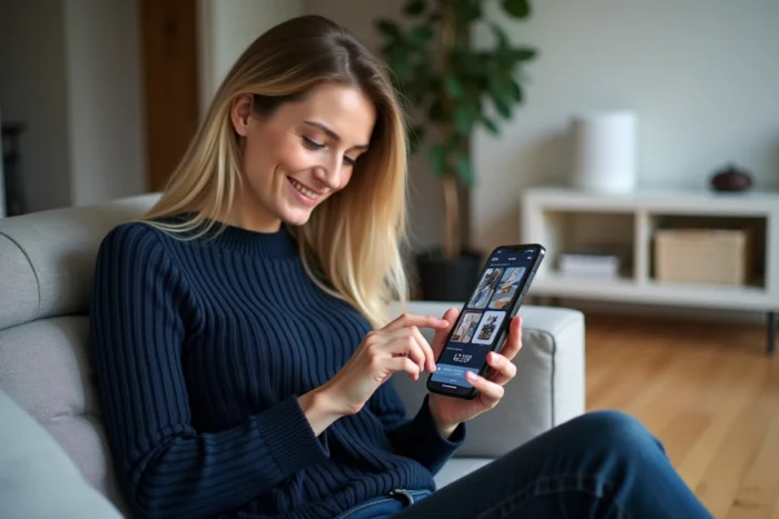 Femme consultant l'application de surveillance de sa maison connectée sur smartphone depuis son salon
