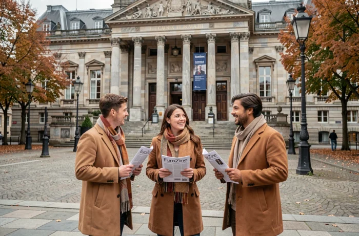 Groupe de jeunes adultes discutant de culture européenne devant un centre culturel belge avec des articles EuroZine
