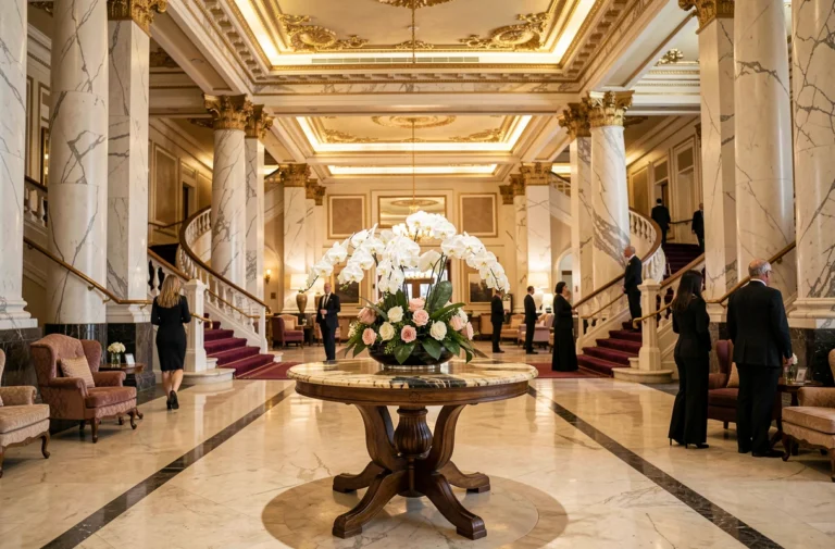 Hall d'entrée somptueux d'un hôtel 6 étoiles avec colonnes en marbre, escalier double et arrangement floral monumental