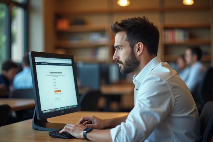 Homme en bibliothèque publique tentant de se connecter à FranceConnect pour accéder au service de parloir en ligne