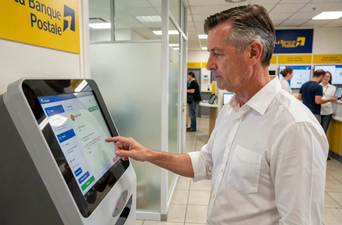 Homme vérifiant un virement débit sur une borne interactive en agence Banque Postale