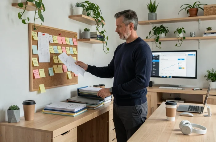 Homme gérant son espace de travail à domicile avec des conseils pratiques de productivité