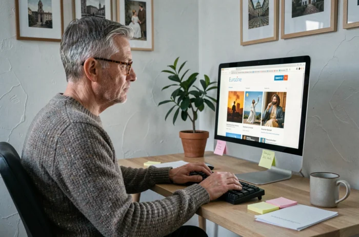 Homme consultant le site EuroZine sur son ordinateur dans un bureau à domicile en Belgique
