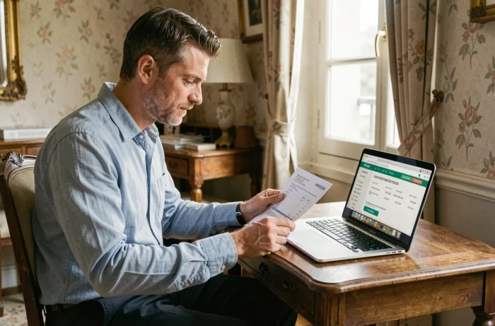 Homme consultant une facture d'hôtel et un comparateur en ligne dans une chambre d'hôtel de province en France
