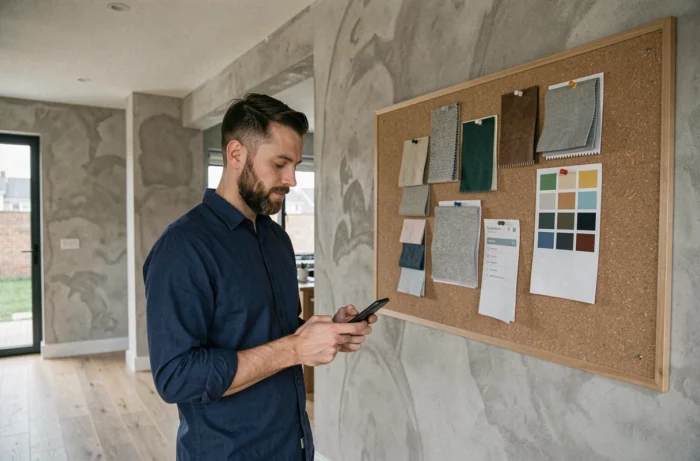 Homme consultant le site Espace Déco sur smartphone pour envoyer une demande de projet de rénovation intérieure