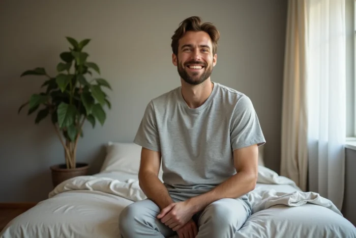 Homme serein et épanoui assis sur le bord d'un lit souriant d'un air satisfait et détendu