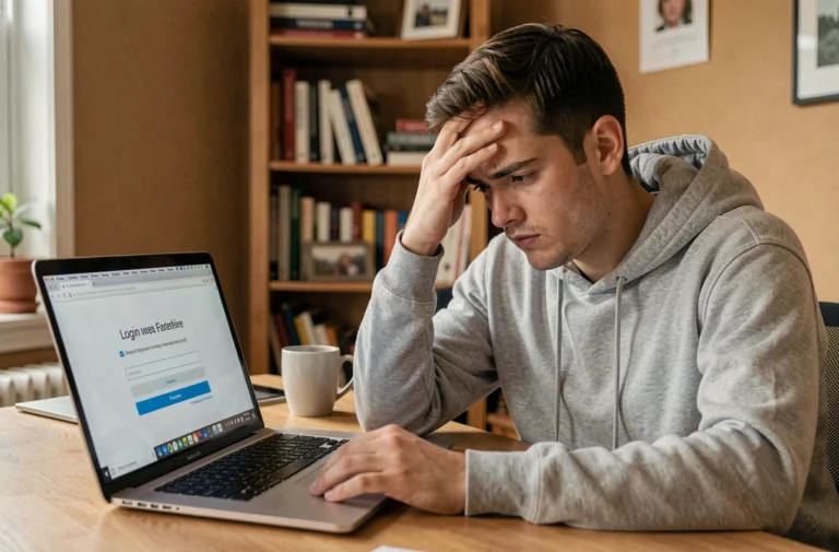 Homme frustré devant un écran d'ordinateur affichant une erreur de connexion sur le site Uqload