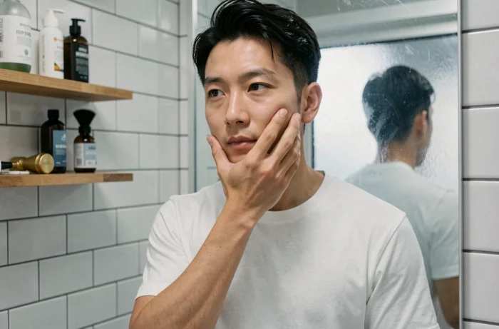 Jeune homme d'origine asiatique au visage glabre se regardant dans un miroir de salle de bain avec une expression réflexive