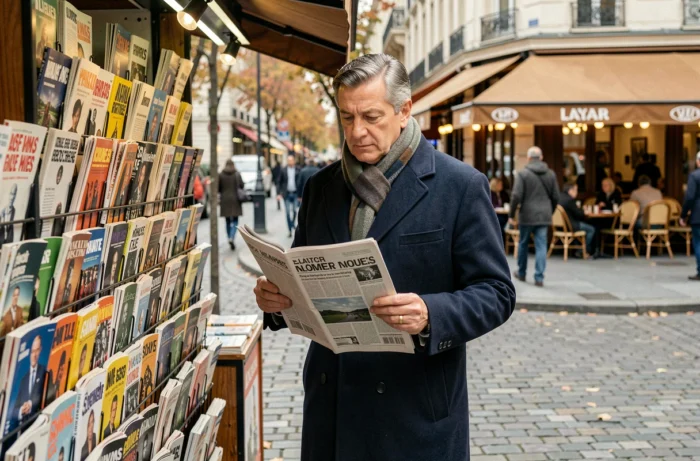 Homme lisant un journal papier devant un kiosque à journaux dans une rue animée de la ville