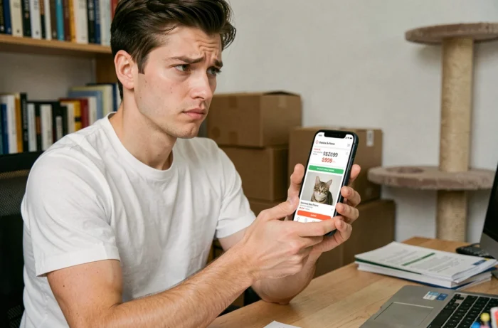 Jeune homme méfiant consultant une offre suspecte d'accessoires félins sur son smartphone