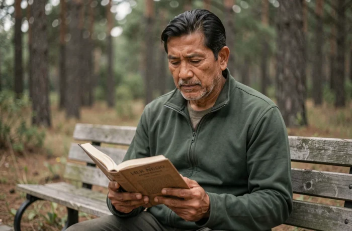 Homme d'âge mûr avec peu de pilosité faciale lisant un livre sur un banc en forêt dans un cadre naturel serein