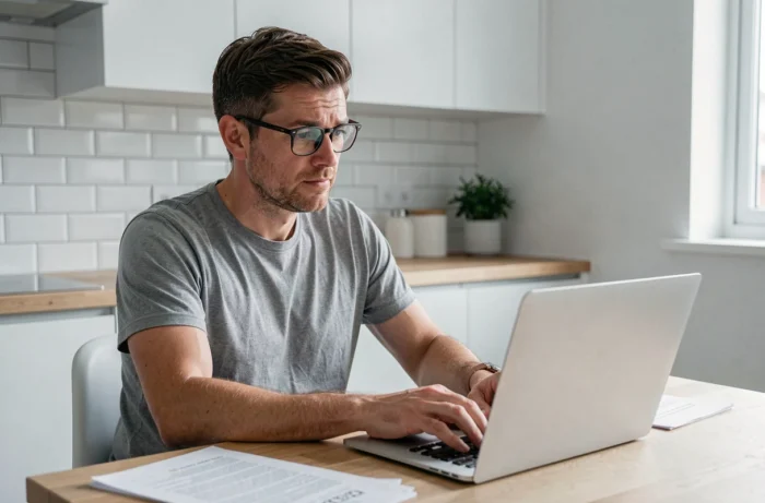 Homme d'une quarantaine d'années relisant un texte sur son ordinateur portable dans une cuisine moderne, illustrant la correction orthographique en français