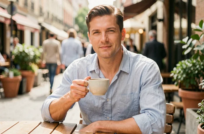 Homme adulte sans barbe au visage lisse, assis en terrasse de café avec une expression détendue et confiante