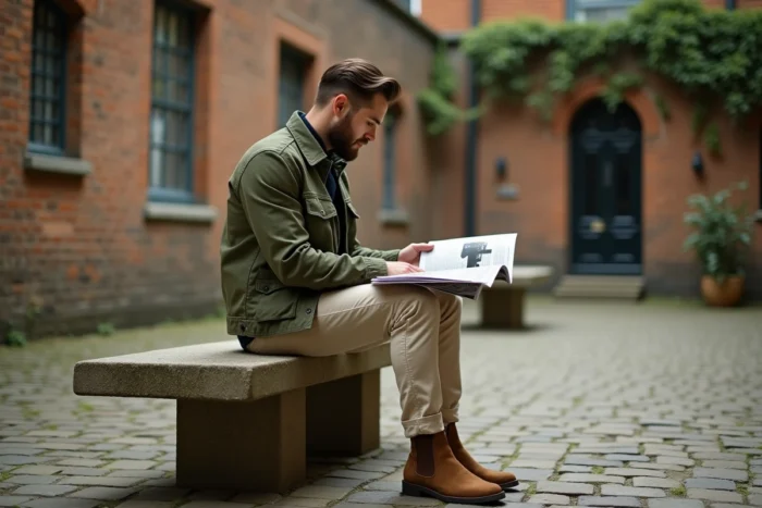 Homme élégant en veste utilitaire olive feuilletant un magazine de mode dans une cour urbaine avec des murs en briques anciennes