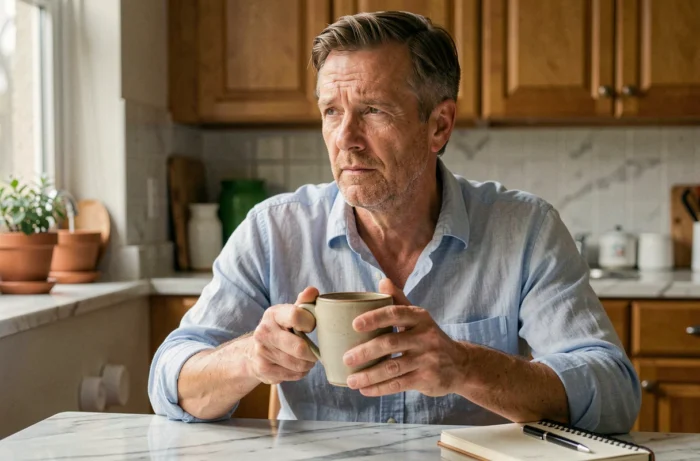 Homme tenant une tasse de tisane pour calmer l'anxiété et la boule au ventre