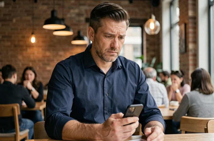 Homme lisant des avis d'utilisateurs sur son smartphone dans un café urbain pour évaluer leur authenticité