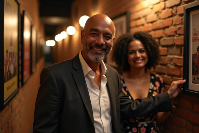 Humoriste d'origine nord-africaine souriant en coulisses d'un théâtre parisien en compagnie de sa compagne, portrait éditorial