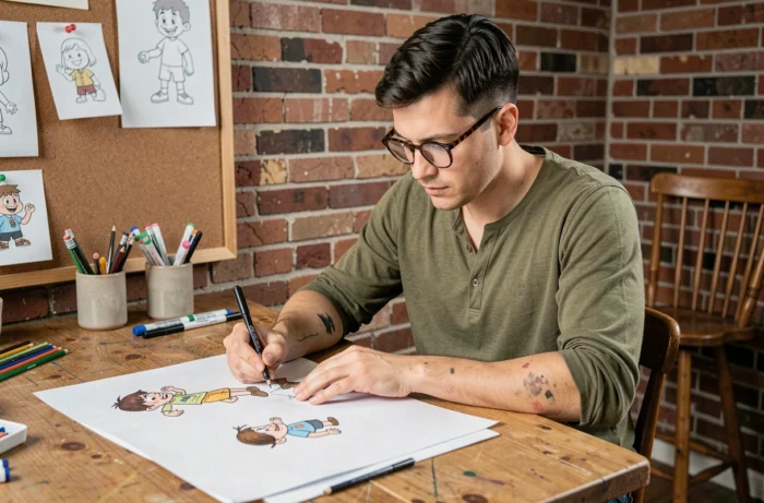 Illustrateur dessinant des personnages de dessins animés commençant par B dans un studio créatif