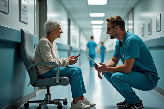 Infirmier expliquant des informations médicales à une patiente dans un couloir d'hôpital