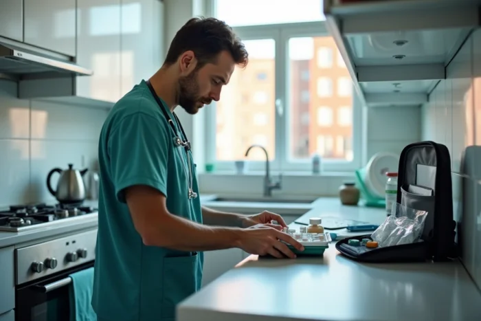 Infirmier libéral préparant les médicaments sur le plan de travail d'un appartement moderne