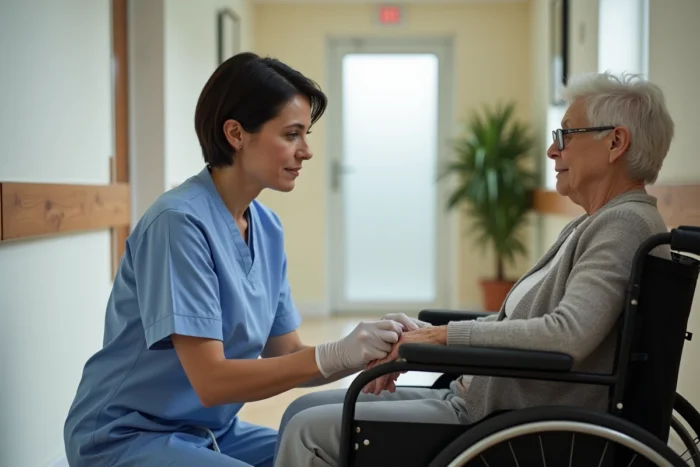 Infirmière réalisant un pansement sur le bras d'une patiente en fauteuil roulant à domicile