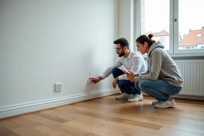 Gestionnaire immobilier et locataire inspectant l'état d'un appartement vide lors d'un état des lieux de sortie