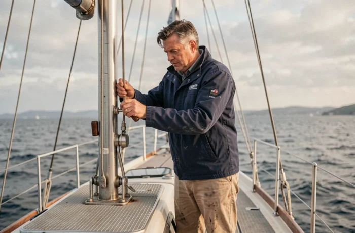 Homme inspectant le pont d'un voilier acier d'occasion, vêtu d'une veste de navigation, examen technique du mât et des ferrures