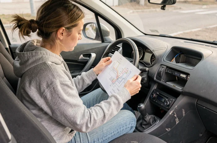 Femme installant un autoradio dans une Peugeot en consultant le schéma de branchement