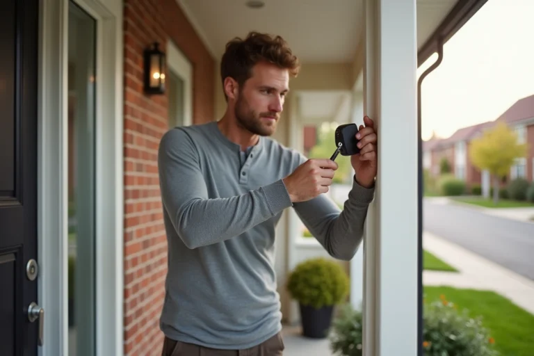 Homme installant une sonnette vidéo connectée sur la porte d'entrée de sa maison moderne