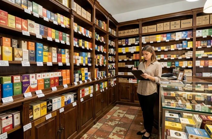 Intérieur d'un bureau de tabac espagnol avec présentoir de cigarettes et étiquettes de prix régionaux