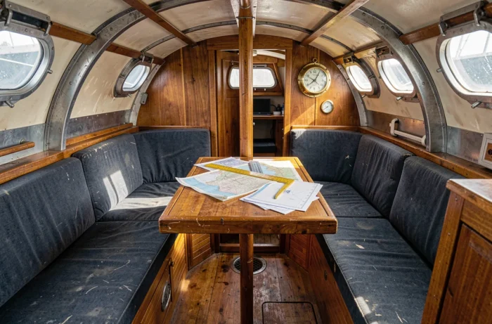 Intérieur cabine d'un voilier acier d'occasion, table à cartes, couchettes et hublots en laiton, ambiance authentique de bateau de voyage