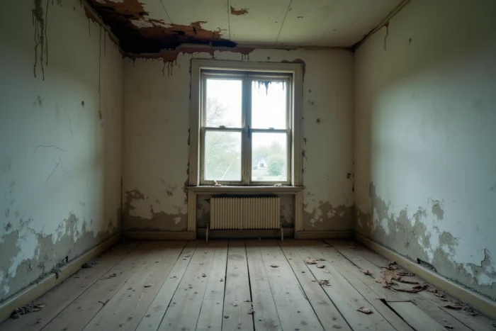 Intérieur dégradé d'une maison inhabitable avec moisissures, fissures et dégâts des eaux visibles