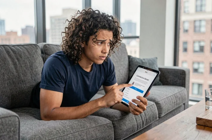 Jeune adulte allongé sur un canapé consultant une tablette affichant une erreur d'authentification sur Uqload