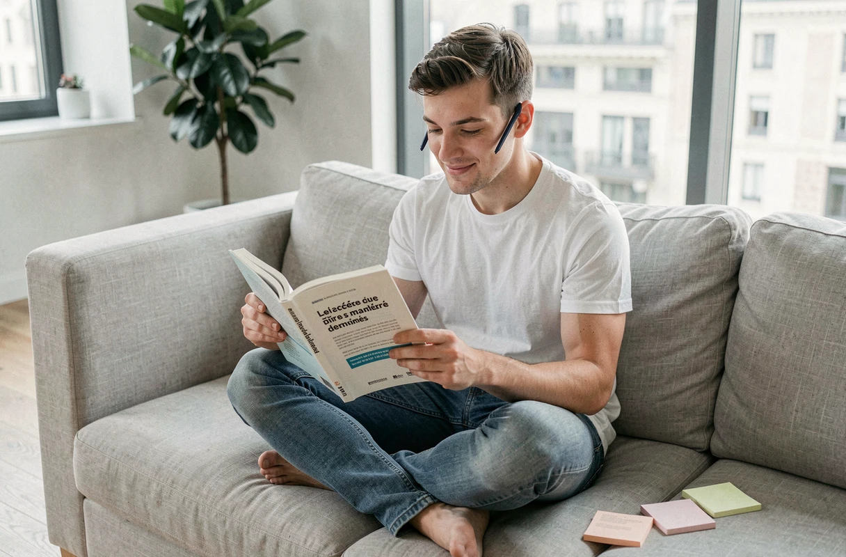 Jeune homme lisant un guide de grammaire française sur un canapé lors d'une séance d'apprentissage autonome à domicile
