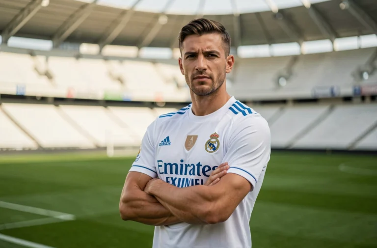 Joueur du Real Madrid en maillot blanc sur la pelouse du Santiago Bernabéu, bras croisés, illustrant les salaires des footballeurs professionnels en 2026