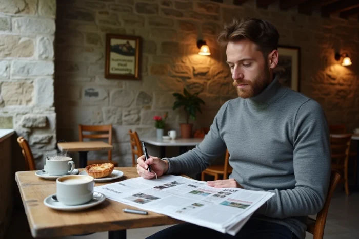 Journaliste breton travaillant sur l'actualité régionale dans un café en pierre traditionnel de Bretagne