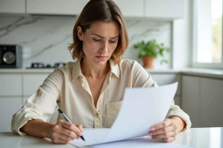 Locataire vérifiant un document de restitution de caution à son bureau dans un appartement moderne