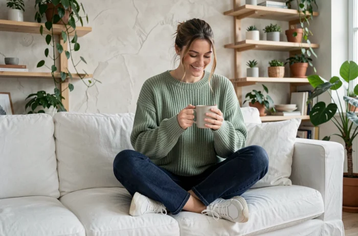 Femme détendue en pull oversize vert sauge et jean indigo dans un appartement scandinave