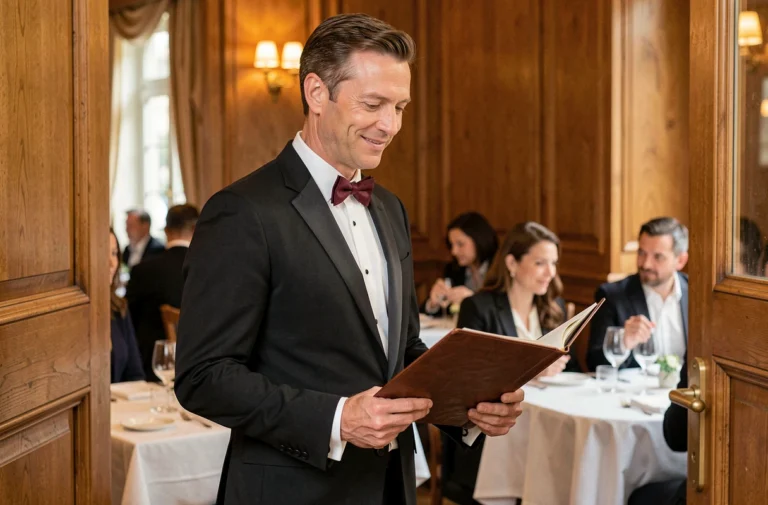 Maître d'hôtel professionnel en costume noir accueillant des clients dans un restaurant gastronomique parisien