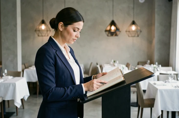 Maîtresse d'hôtel consultant le livre de réservations dans un restaurant contemporain haut de gamme