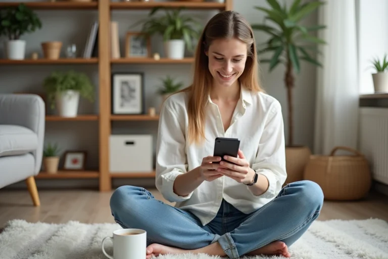 Jeune maman détendue parcourant les actualités sur son smartphone dans un salon scandinave chaleureux