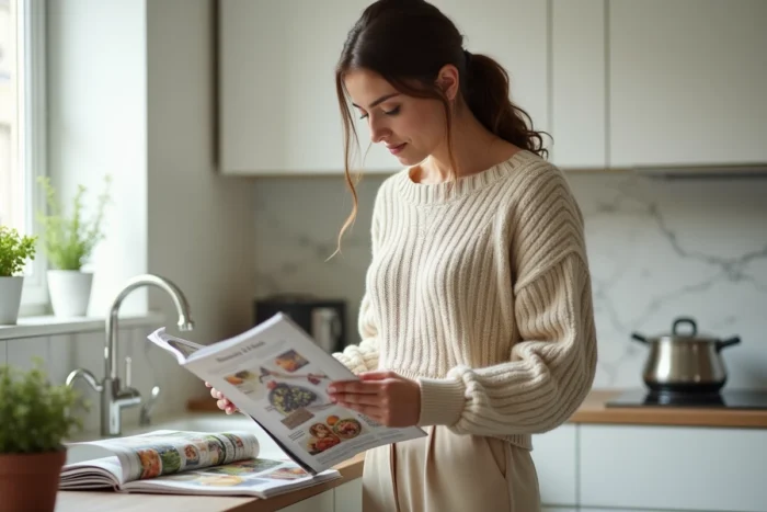 Maman moderne consultant un magazine de tendances dans une cuisine contemporaine lumineuse
